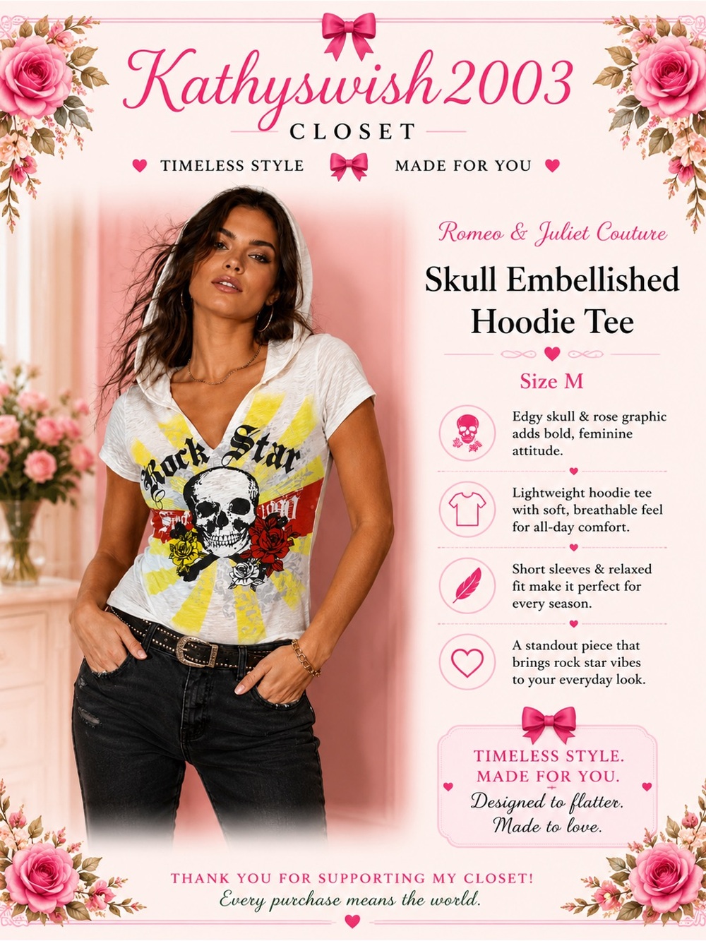 Romeo and Juliet Couture Skull Embellished Hoodie Tee Sz M